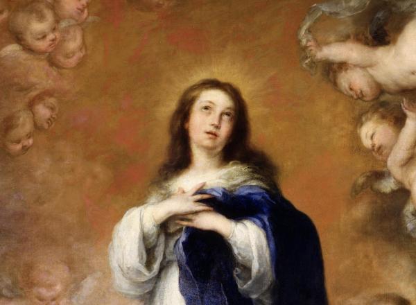 close up image of the virgin mary in blue surrounded by floating pitti on a tan background