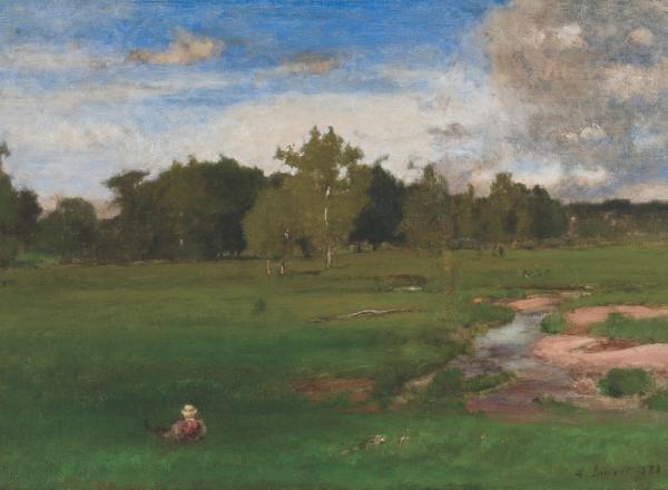 George Innes (American, 1825-1894). Meadowland in June, 1880. Oil on canvas. 18 x 26 1/8 inches. Bank of America Collection