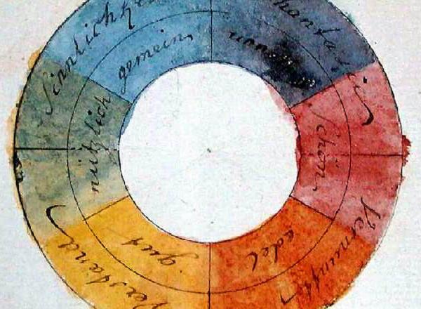 Color wheel made with watercolors that naturally bleed into one another 