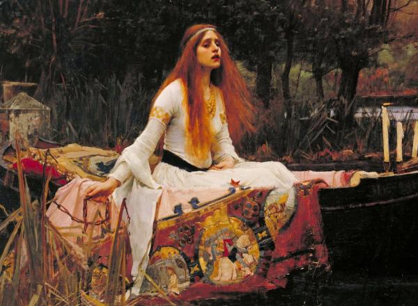 John William Waterhouse painting of a woman in a white gown with long flowing red head looking distraught in a small boat