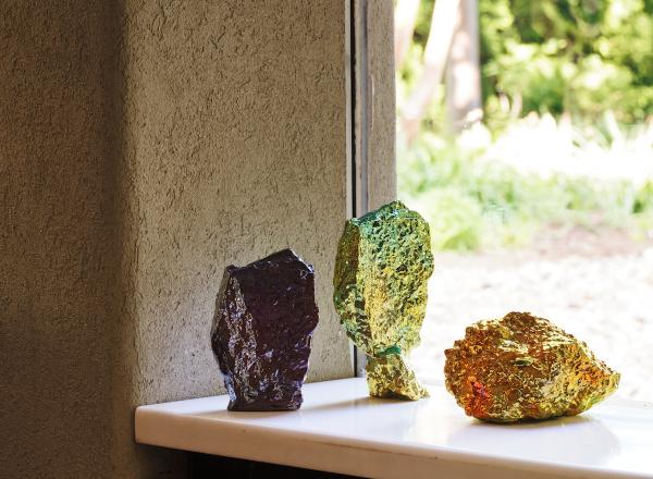A Summer Arrangement: Object & Thing at LongHouse. LongHouse, East Hampton, New York. Photo by Adrian Gaut. Works pictured: [left to right] Julia Kunin, Purple Cliff, Green Providence and Fools Gold II (2022).