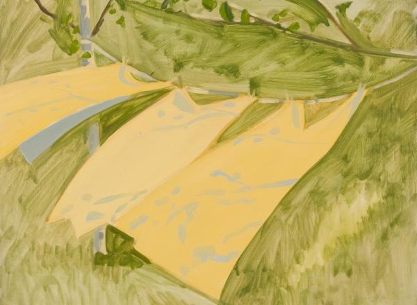 Three Yellow Curtains Blowing, c. 1980, oil on Masonite, 16 1/4 x 18 3/4 inches 