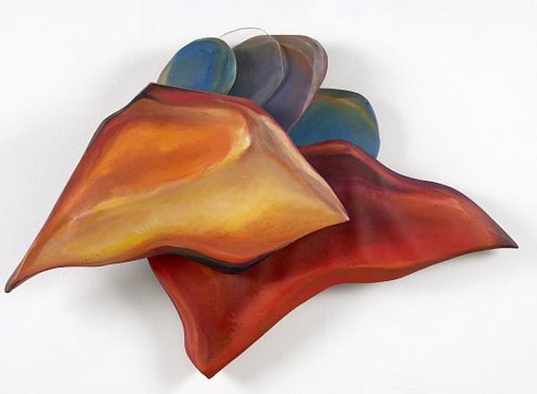 An abstract, geometric painting with a centered collection of three objects-a trapezoidal orange piece, a triangular red piece, and a collection of rounded blue-purple objects.