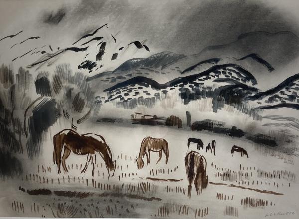 Ward Lockwood - Horses Grazing, watercolor on paper, 19 x 24 in.