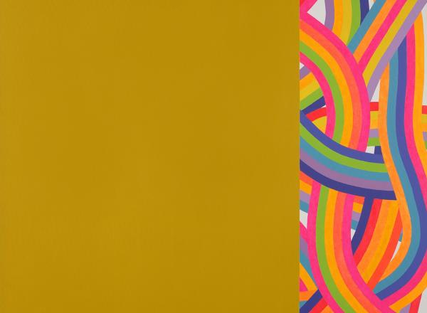 mustard, solid square to left, rainbow ribbons to the right