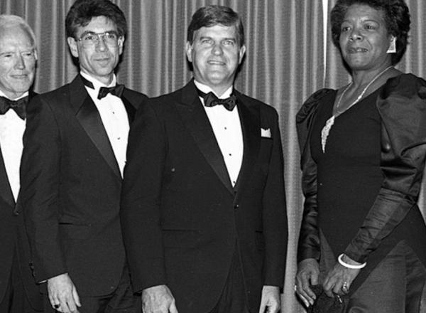 Maya Angelou, fellow award recipients, and Governor Jim Martin at the North Carolina Awards, November 6, 1987. Everyone pictured besides Maya is a white man. 