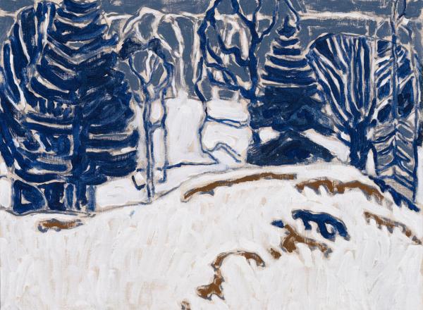 David Milne landscape painting showing white show with blue trees