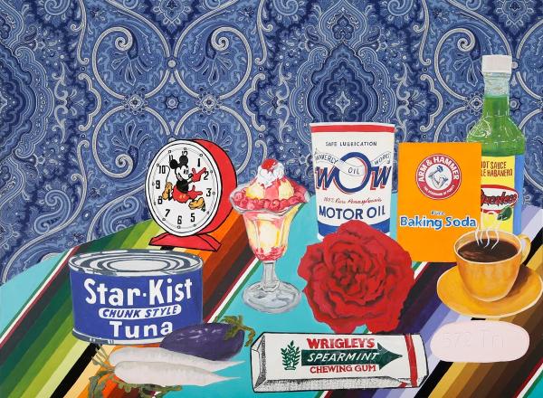 Joey Terrill, Still Life with Triumeq, Turnips, Eggplant & a Red Rose, 2024, will be featured in the benefit. 