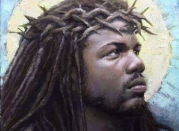 "traditional" and "unorthodox" (white and black) depictions of jesus side by side