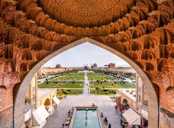 Naqsh-e Jahan Square from the Qeysariyeh Gate in Isfahan. Source.