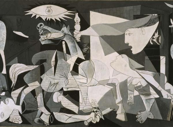 Picasso's Guernica painting in black and white with animals and people crying out in agony