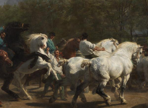 Rosa Bonheur, The Horse Fair, 1852–55. Oil on canvas. 96 1:4 x 199 1:2 in. (244.5 x 506.7 cm). The Met. Gift of Cornelius Vanderbilt, 1887. 87.25.