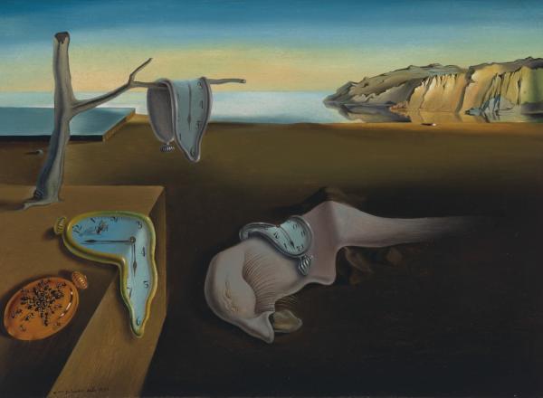 Salvador Dalí's The Persistence of Memory featuring melting clocks in a desert scene. 