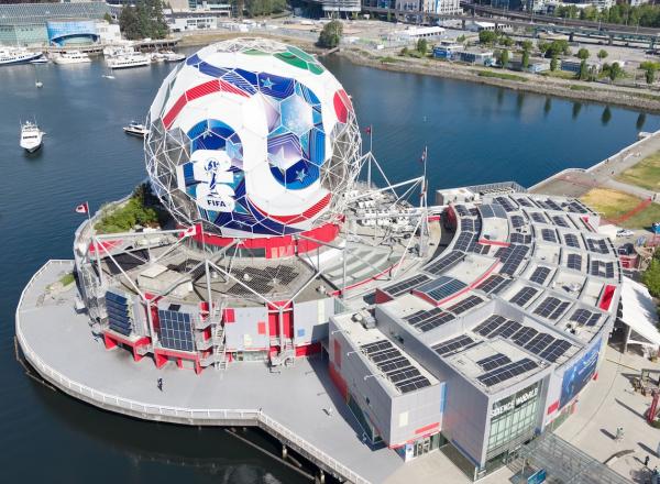Science World in Vancouver, British Columbia, during its conversion into “The Beautiful Dome”, a temporary structure designed as the adidas Trionda match ball for the 2026 FIFA World Cup.