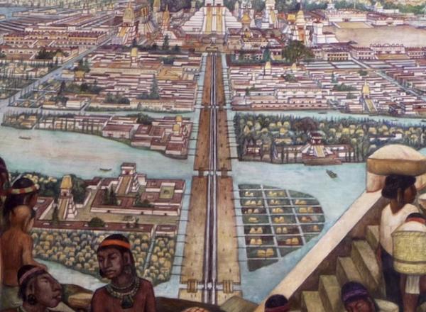 Artistic image of Aztec city with temple in background