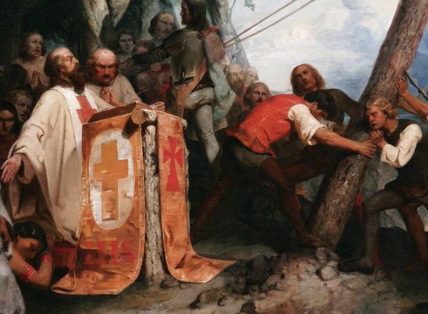 Peter Frederick Rothermel, De Soto Raising the Cross on the Banks of the Mississippi, 1851, oil on canvas, 101.6 x 127 cm (Pennsylvania Academy of the Fine Arts, funds provided by the Henry C. Gibson Fund and Mrs. Elliott R. Detchon, 1987.31), a Seeing America video.