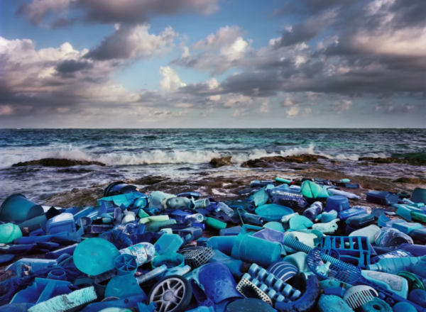 photograph of blue plastic arranged on a beach