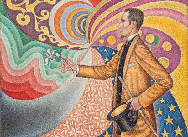 Paul Signac. Opus 217. Against the Enamel of a Background Rhythmic with Beats and Angles, Tones, and Tints, Portrait of M. Félix Fénéon in 1890.