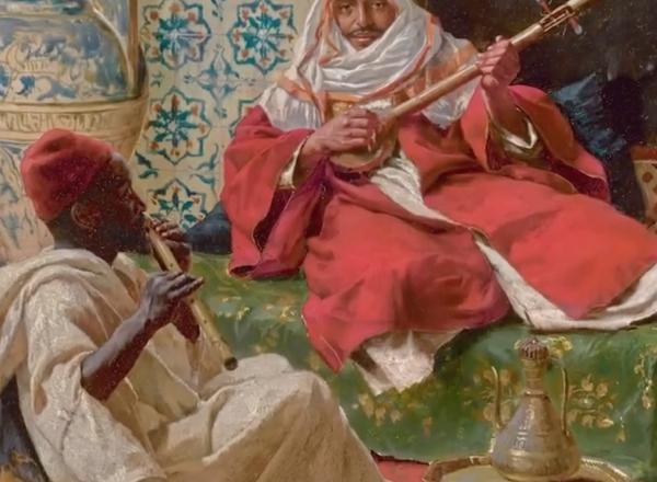 Sotheby's Shares The Visionary Delights of Orientalist Art , two men sit playing instruments, one looks directly at the viewer