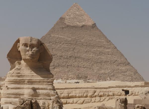 Panorama of the Great Sphinx of Giza, Khafre's Pyramid and Pyramid of Cheops.