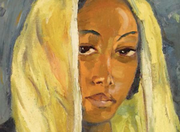 Detail of woman with head scarf, stern portrait painting