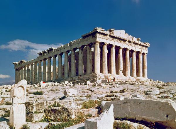 The Parthenon on the Acropolis in Athens reconstructed between the late 19th century and today.