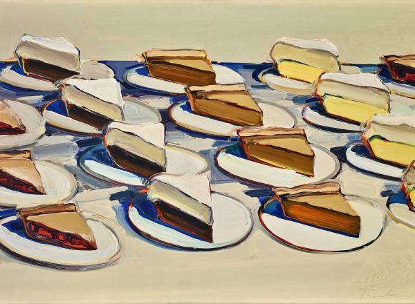 Wayne Thiebaud painting of several rows of different pie slices on white plates