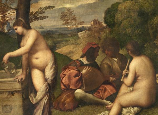 Giorgione allegorical painting of a nude female figure drawing water from a well while figures behind her play instruments in the grass