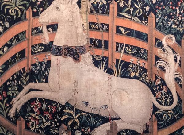 unicorn in fenced garden tapestry detail