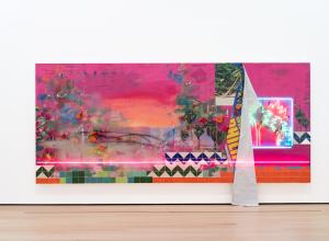 Let Us Gather in a Flourishing Way installation view. Patrick Martinez, Promised Land, 2022. Acrylic, stucco, neon, Mean Streak, ceramic, spray paint, latex house paint, banner tarp, ceramic tile, tile adhesive, and family archive photo collage on panel. 84 × 192 × 7 in. (213.4 × 487.7 × 17.8 cm). Collection Buffalo AKG Art Museum, George B. and Jenny R. Mathews Fund, 2022.