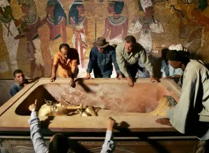 Zawi Hawass, the Egyptian head of the high council for antiquities, supervises the removal of the mummy of Tutankhamun in Luxor in 2007. 