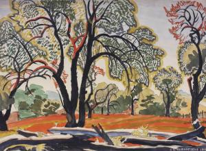 Charles Burchfield (American, 1893–1967), Moon in the Orchard, 1916, transparent and opaque watercolor with graphite on paper. 13 7/8 x 19 7/8 in. Munson Museum of Art, Edward W. Root Bequest, 57.94. 