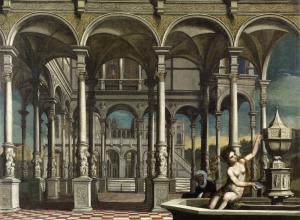 figures in painting sitting in open air courtyard. Bathsheba sits at a fountain and david sits just outside of it, right behind her.