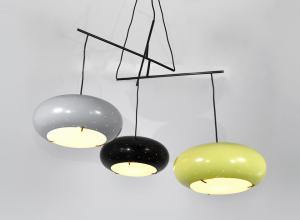 Ceiling light, Brass, painted metal and opaline glass. Ceiling light with three perforated and lacquered metal shades, opaline glass. Stilux, c. 1958, Italy. Height 120 cm x Diameter 75 cm