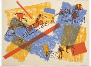 Jaune Quick-to-See Smith  French-Cree / Shoshone / Salish  1940 - 2025  Camas I, 1980  lithograph on buff Arches, Bon á Tirer  22 3/8 x 30 in. (56.8 x 76.2 cm.)  Estimate: $2,000 - 3,000