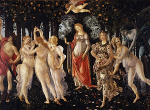 Sandro Botticelli, Primavera, or Allegory of Spring, painting of nine figures in a grove of trees