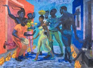 Carlos Cancio "Through the fiery Antillean street goes Tembandumba de la Quimbamba" (2003), Acrylic on canvas, Collection of Museum of Art of Puerto Rico.