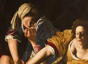detail of two women, Judith and her maid, pin a man to a bed and are in the process of decapitating him with a sword as he struggles. 