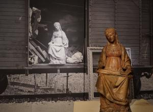 ‘Madonna Enthroned’ by Andrea Briosco detto il Riccio (end of the fifteenth century), with picture of the terracotta statue following its recovery in May 1945. 