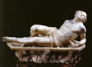 Gian Lorenzo Bernini, Martyrdom of Saint Lawrence, 1617. young man looks to the sky in ecstasy, laying back sensually atop an iron grate licked by flames