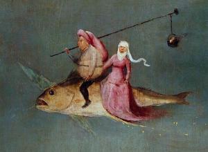 Hieronymus Bosch, detail from The Temptation of St. Anthony, c 1501. Oil on oak panels. 52 in × 90 in.  Museu Nacional de Arte Antiga.