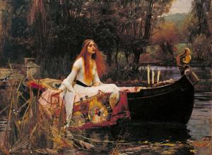 John William Waterhouse painting of a woman in a white gown with long flowing red head looking distraught in a small boat