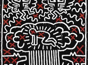 Keith Haring Untitled acrylic on vinyl tarpaulin with metal grommets 121 1/2 by 118 3/4 in. 308.6 by 301.6 cm. Executed in 1982.