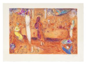 Marc Chagall, Mégaclès reconnait sa Fille pendant le Festin, from Daphnis et Chloé, 1961. Lithograph printed on Arches wove paper, signed in pencil. Estimated: $20,000 - 27,000.