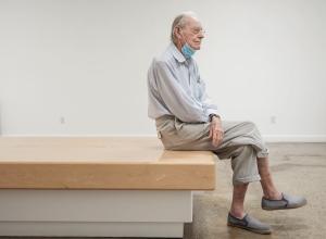 Photo of Wayne Thiebaud taken by Max Whittaker, Posted by Acquavella Galleries. artist is shown seated in the gallery space