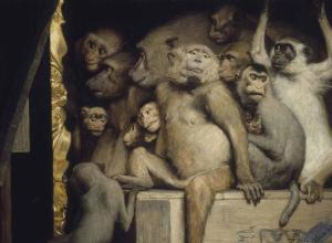 Monkeys in front of a canvas that the viewer can not see. Some look at the art, as though evaluating it. One central monkey looks directly at the viewer.