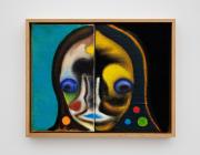 abstract portrait in white, yellow, black and teal.