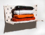 Jim Shrosbree, WORB (polka), 2017, 6.5 x 17 x 5 inches, ceramic, cloth, paint, pushpins