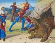 Taming the Tarasque, from Hours of Henry VIII (detail), c. 1500.