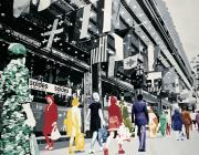 Black and white structure towers diagonally across the canvas. Colorful people stroll by